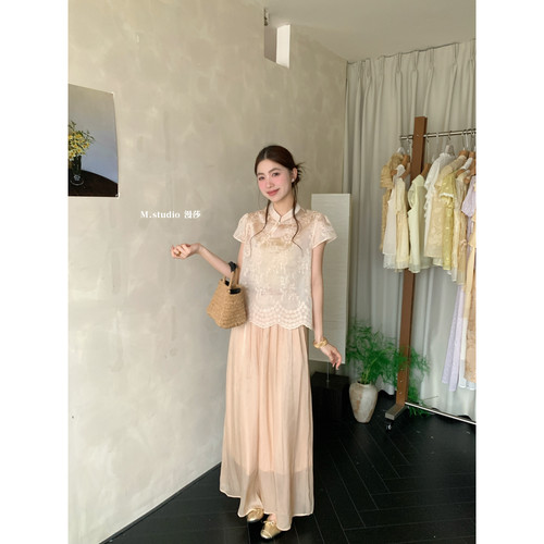 MSTUDIO十三行夏季新中式国风天丝刺绣花边下摆短袖衬衫女C7316