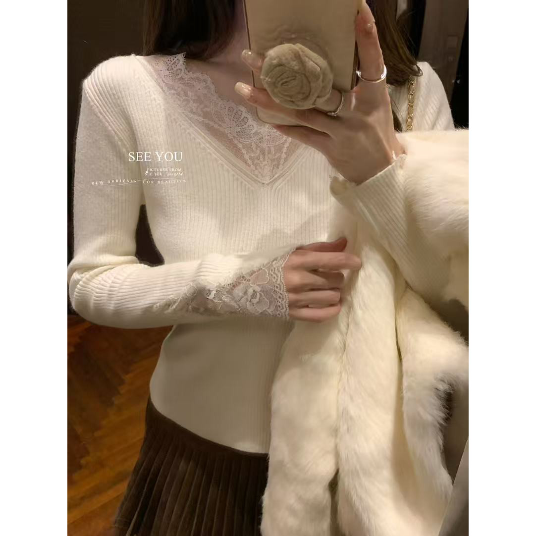 SEE YOU十三行秋冬绝美法式纯欲风蕾丝细节拼接显瘦针织衫女LC113