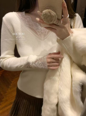 SEE YOU十三行秋冬绝美法式纯欲风蕾丝细节拼接显瘦针织衫女LC113