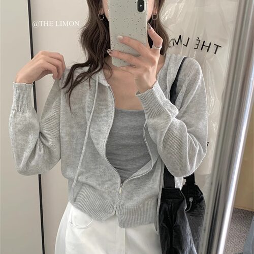 竹节麻防晒衫拉链连帽针织开衫女