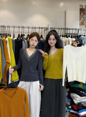 VI+唯一家十三行秋冬叠穿显瘦气质蕾丝领温柔百搭针织毛衣女29055