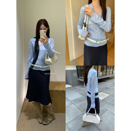 MZI STUDIO韩版秋日v领肌理感褶皱软糯百搭薄款内搭长袖T恤女Z355