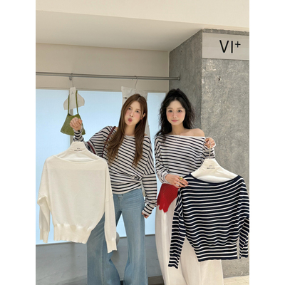 VI+唯一家十三行春夏慵懒风不规则宽松斜肩针织衫条纹上衣女96135