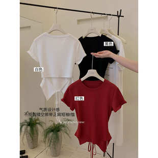 Y.JIA十三行夏季新款气质设计感显瘦不规则镂空绑带正肩短袖T恤女