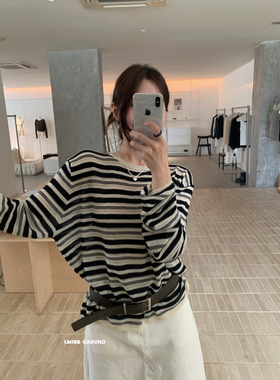 IMISS-十三行秋季新款慵懒风温柔气质撞色条纹羊毛针织衫女H01153