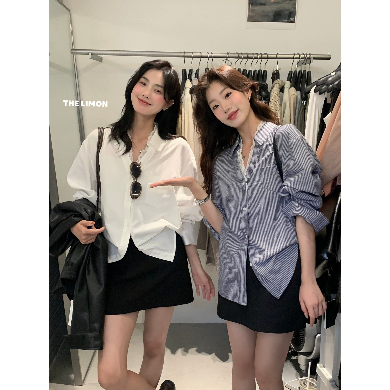 THE LIMON柠檬绿茶春秋新款设计感松弛V领蕾丝拼接长袖衬衫女9117