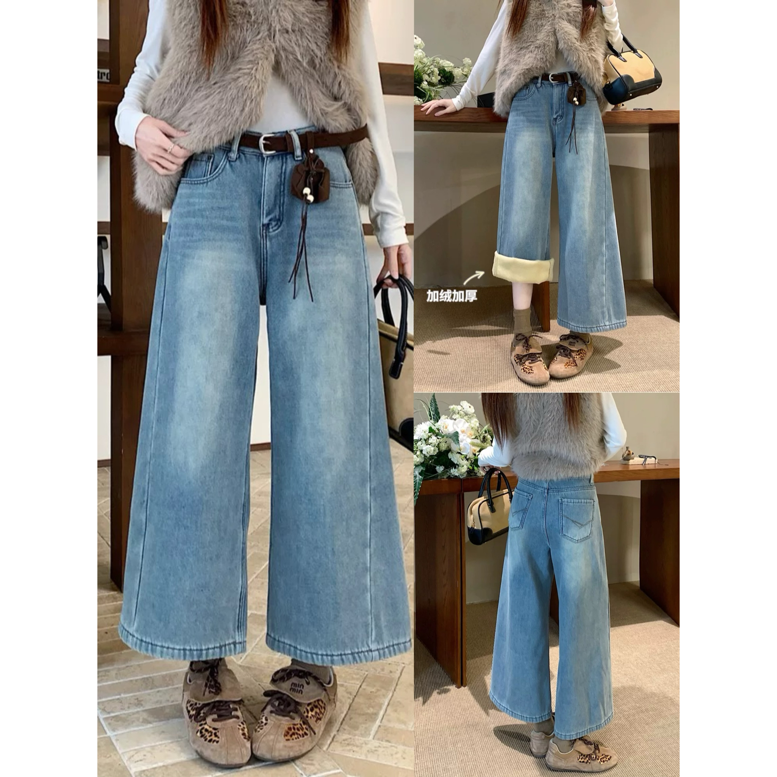 JIAJIATMMT木里加绒牛仔裤直筒裤显瘦九分裤牛仔裤女配腰带TT5191