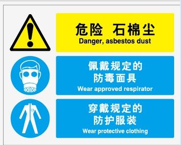 A4265中英安全组合信息标识 危险石棉尘佩带防毒面具穿戴防护服装