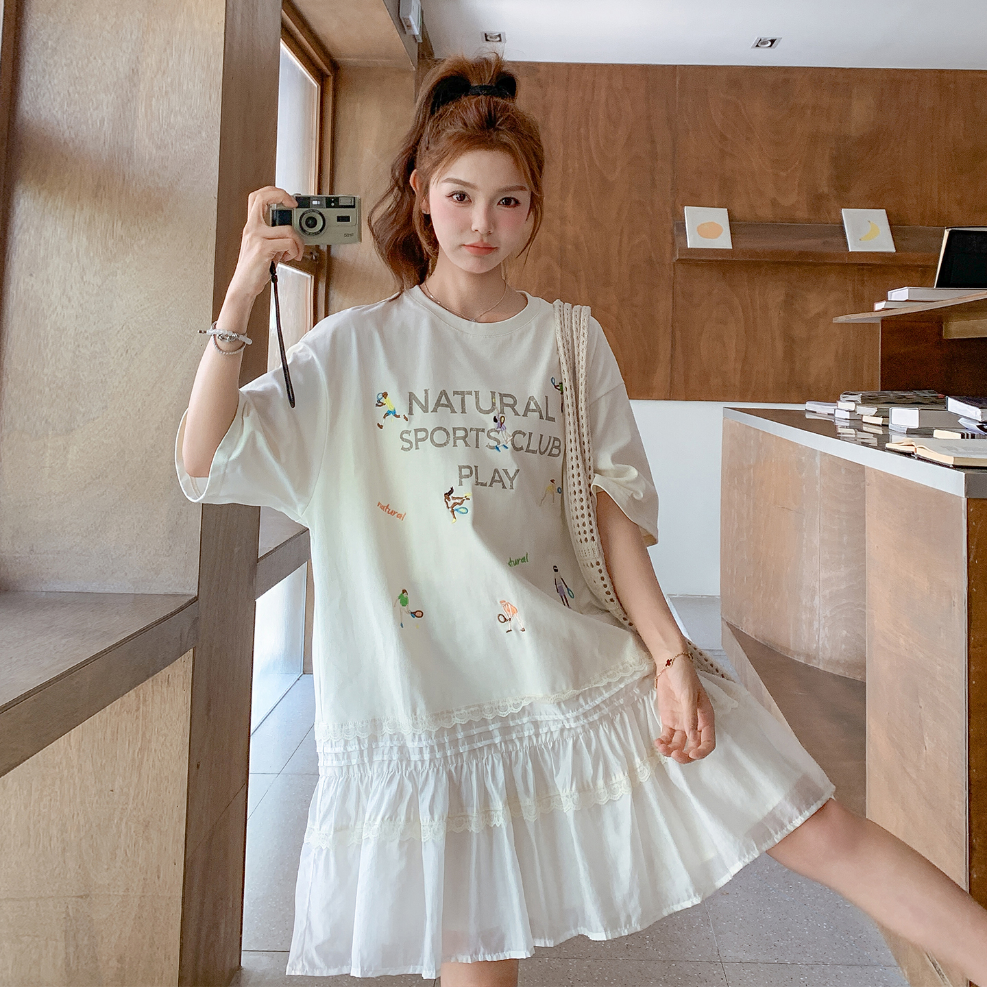 白色学院风印花连衣裙女2025夏季新款韩版宽松减龄小个子T恤裙潮
