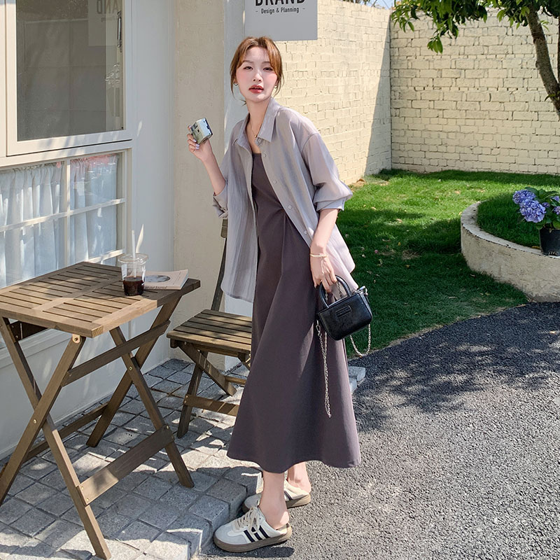 韩系轻熟气质防晒衬衫吊带连衣裙套装女2025夏季新款设计感两件套