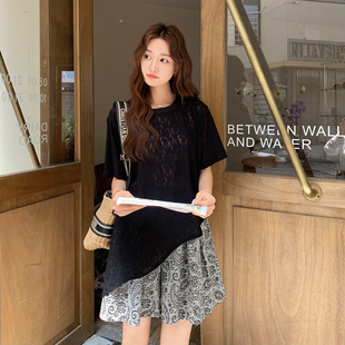 不規則T恤罩衫 法式 復古慵懶風休閑兩件套女2025夏季 新款 碎花短褲