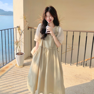 韩系甜美背带连衣裙套装 上衣减龄两件套 女2025夏新款 小个子泡泡袖