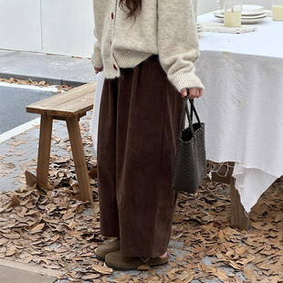 胖mm日系慵懒美拉德阔腿灯笼裤 棕色九分灯芯绒气球裤 大码 女装 秋款