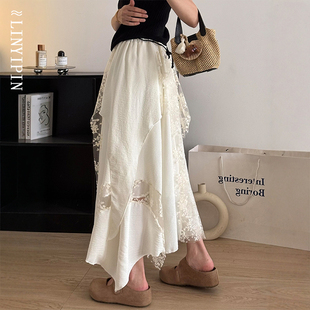 不规则重工白色半身裙女夏季 胖mm设计感蕾丝拼接花边蛋糕长裙 大码