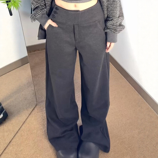 裤 子今年流行梧桐裤 秋冬大码 胖mm加厚加绒裤 女装 灰色阔腿毛呢西装
