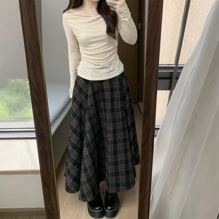 长款 女装 a字伯克利伞裙 半身裙棕色美拉德格子半裙大码 超好看冬装