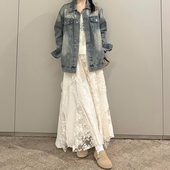 白色不规则蕾丝拼接半身裙女春季 胖mm大码 显瘦网纱刺绣a字蛋糕裙