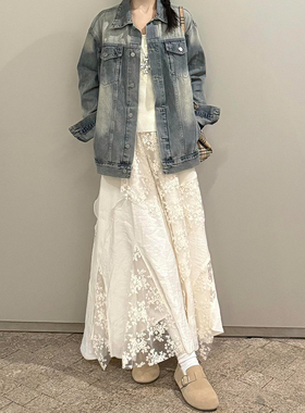 白色不规则蕾丝拼接半身裙女春季胖mm大码显瘦网纱刺绣a字蛋糕裙