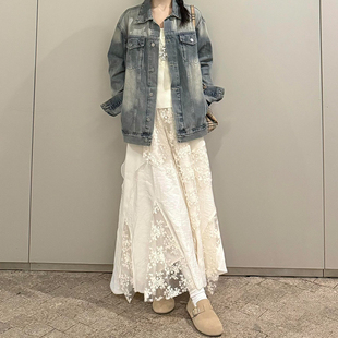 白色不规则蕾丝拼接半身裙女春季 显瘦网纱刺绣a字蛋糕裙 胖mm大码