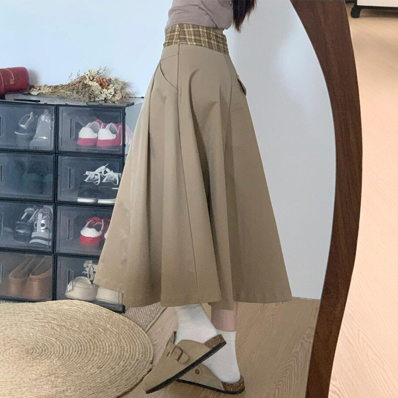卡其色腰头格子拼接半身裙女长款老钱风穿搭大码梨型身材伯克利裙
