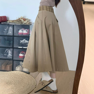 卡其色腰头格子拼接半身裙女长款 梨型身材伯克利裙 老钱风穿搭大码