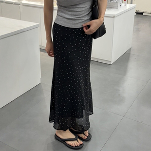 黑色雪纺波点鱼尾裙女2026新款 包臀长裙遮肚垂坠感a字半身裙 大码