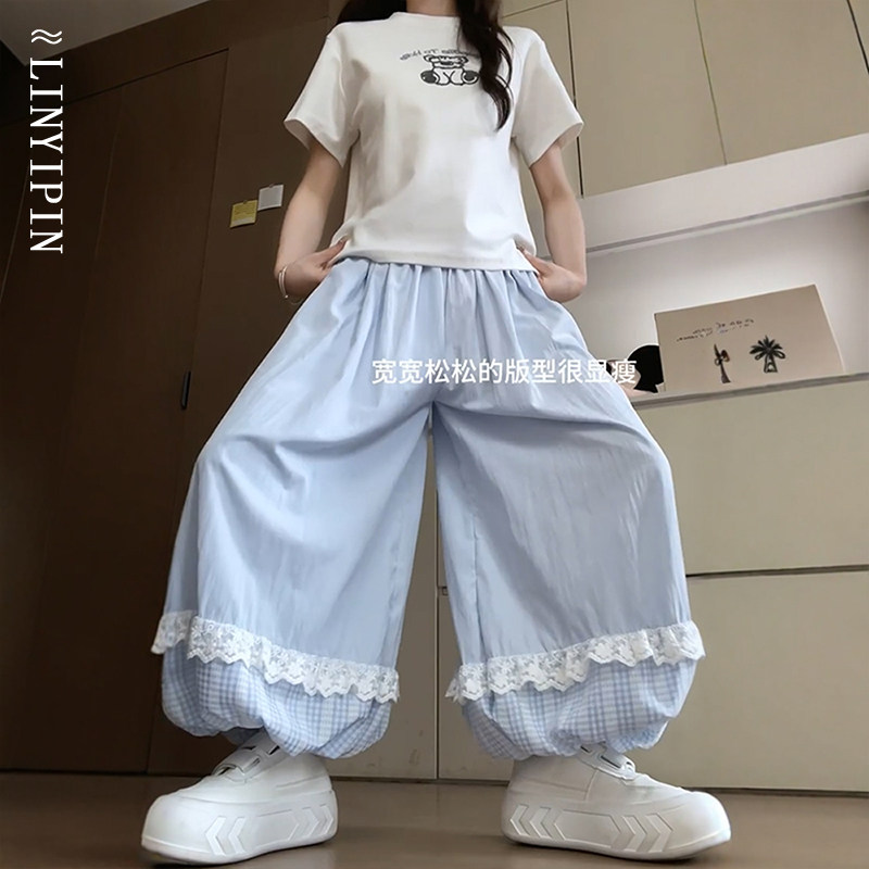 大码胖mm蓝色格子拼接花苞裙裤女夏季显瘦灯笼裤宽松慵懒阔腿裤裙