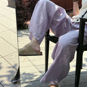 紫色亚麻阔腿裤女款慵懒风夏薄款冰丝直筒大码胖mm显瘦休闲防晒裤