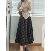 冬季 女显瘦设计感裙子 高腰a字胖mm大码 新款 美拉德格子半身裙长款