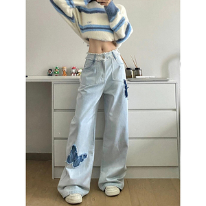 蝴蝶贴布个性牛仔裤女大码胖mm高腰直筒裤a字显瘦梨型身材阔腿裤