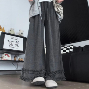 子 女胖mm显瘦休闲裤 小个子木耳花边阔腿灰色糯米裤 垂坠感软糯大码