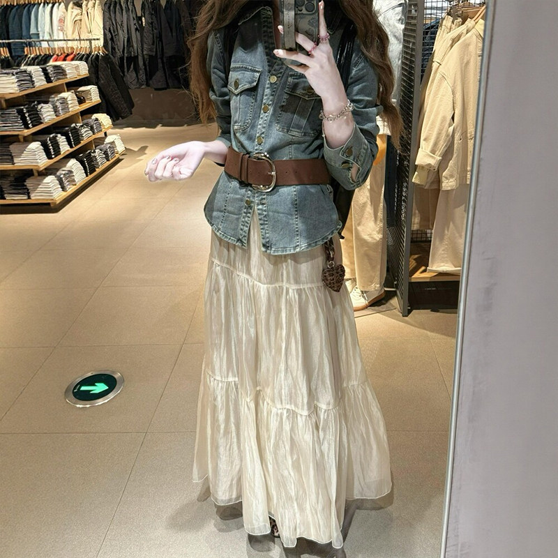 杏色珠光柔纱半身裙春夏女装a字蛋糕纱裙大码梨型身材伯克利裙子