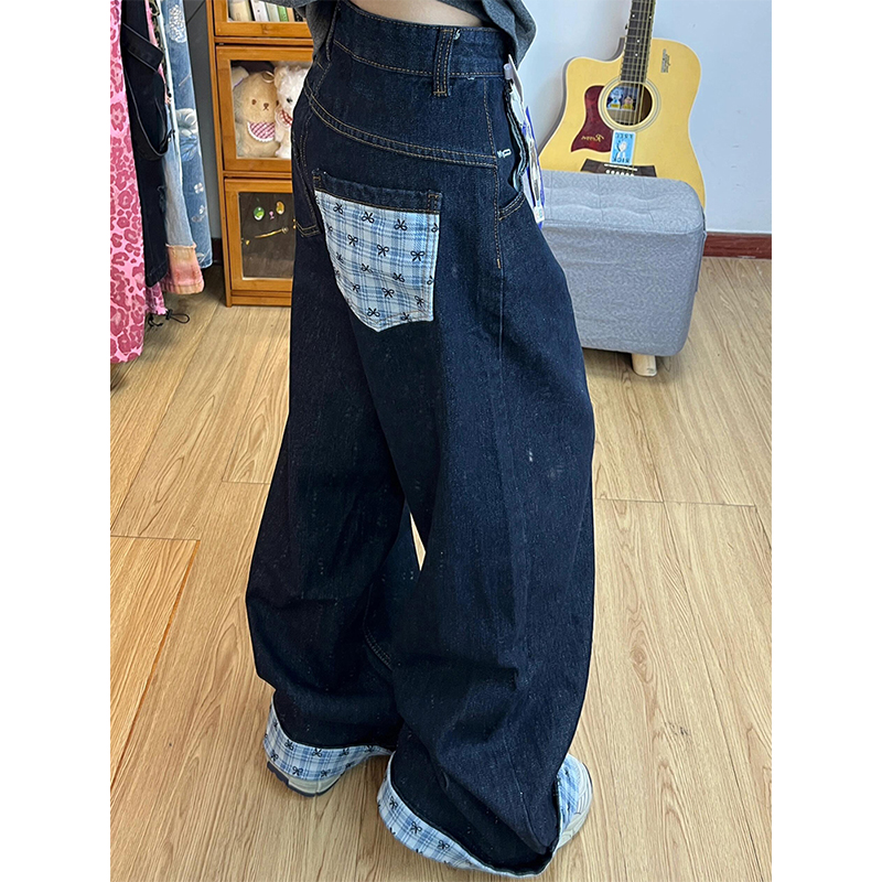 卷边格子拼接蝴蝶结牛仔裤