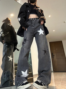 美式高街星星牛仔裤女加绒胖mm大码显瘦梨形身材直筒设计感裤子