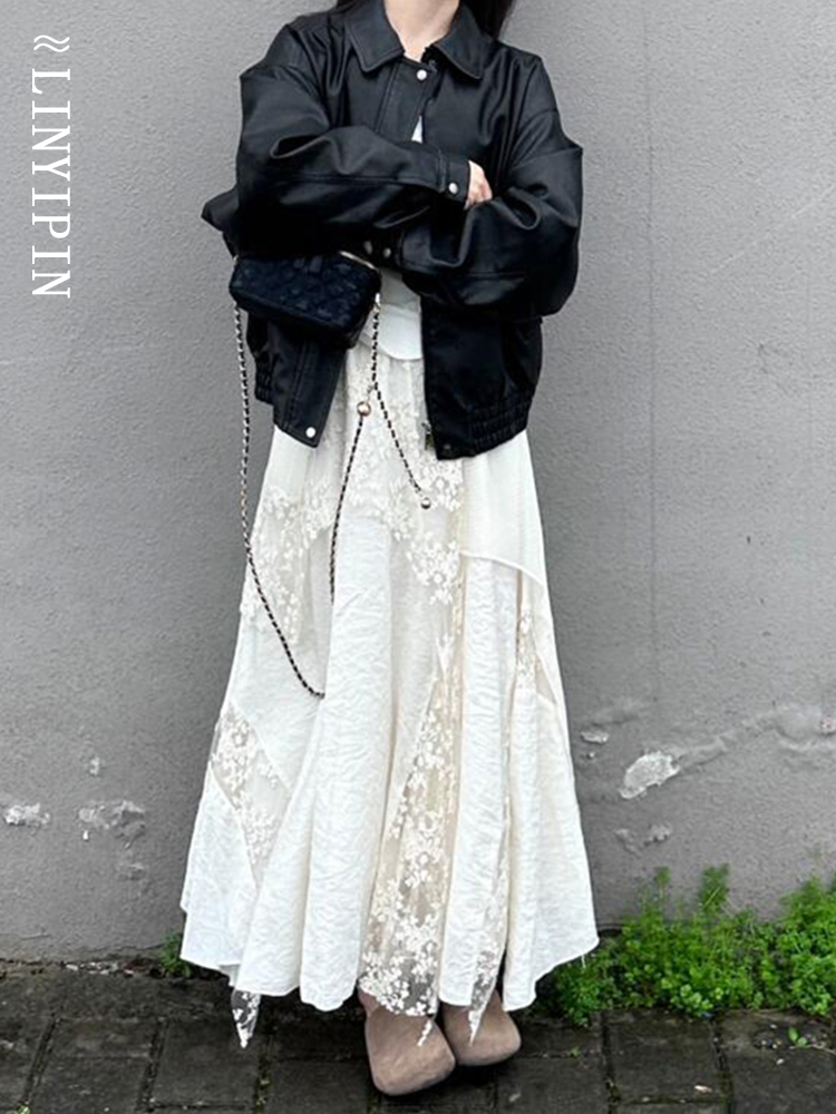 White Long Skirt for Women, Autumn, Plus Size, Heavy Mesh Embroidery, Lace Patchwork, Irregular Tiered Skirt