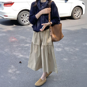 花苞伞裙 胖mm高腰休闲中长款 复古卡其色半身裙女拼接a字春装 大码