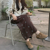 大码 咖色中式 花朵印花亚麻半身裙女夏季 胖mm长裙a字独特漂亮裙子