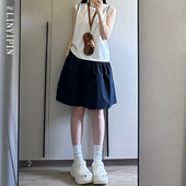 日系藏青色短裙女a字半身裙小个子大码 胖mm遮肉显瘦运动五分中裙