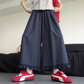 胖mm九分显瘦花苞裙裤 藏青色花边冰丝休闲阔腿裤 大码 薄款 裙女夏季