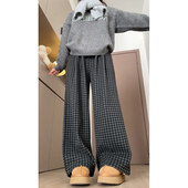 复古宽松格子休闲裤 女春季 流行风格 大码 宽松慵懒风直筒阔腿裤 子