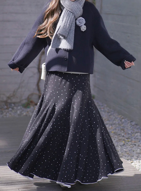 黑色波点鱼尾半身裙大码女装梨形伯克利裙子秋冬炸街独特漂亮半裙