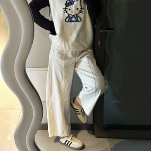 白色加绒灯芯绒弯刀裤冬大码女胖mm小个子超好看九分裤宽松休闲裤
