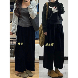 女胖mm显瘦九分气球裤 黑色灯芯绒裤 大码 秋季 子宽松bf慵懒风休闲裤