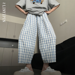 小个子蓝色格子裤子女大码胖mm灯笼裤夏季薄款宽松慵懒气球云朵裤