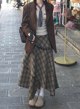 美拉德不规则格子半身裙女秋冬季大码胖mm显瘦a字梨形伯克利裙子