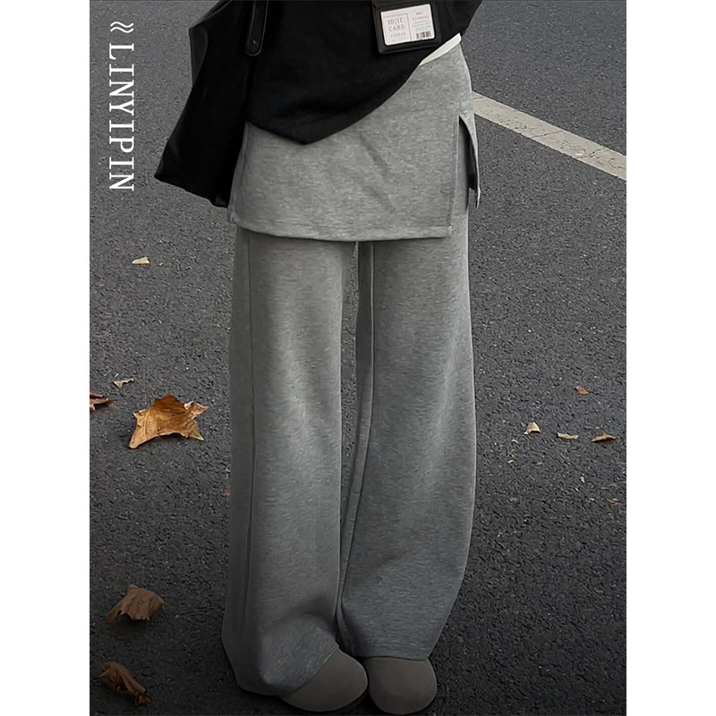 灰色拼接开叉屁帘裤假两件大码胖mm秋季运动阔腿裤遮胯显瘦休闲裤,女装/女士精品,大码裤装,淘宝优惠券,粉丝福利购,淘宝优惠卷