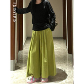 草绿色裙裤 女款 春季 胖mm大码 轻薄显瘦八分运动慵懒松弛感阔腿裤 裙