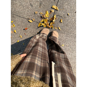 复古休闲焦糖棕色格子裤 子 胖mm显瘦宽松慵懒风直筒裤 女款 秋冬大码