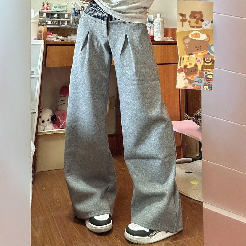 双腰头拼接灰色运动裤设计感女小众裤子韩系慵懒风大码显瘦阔腿裤,女装/女士精品,大码裤装,淘宝优惠券,粉丝福利购,淘宝优惠卷