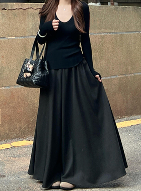 大码黑色西装半身裙女秋冬季胖mm显瘦a字百褶长裙梨型伯克利裙子